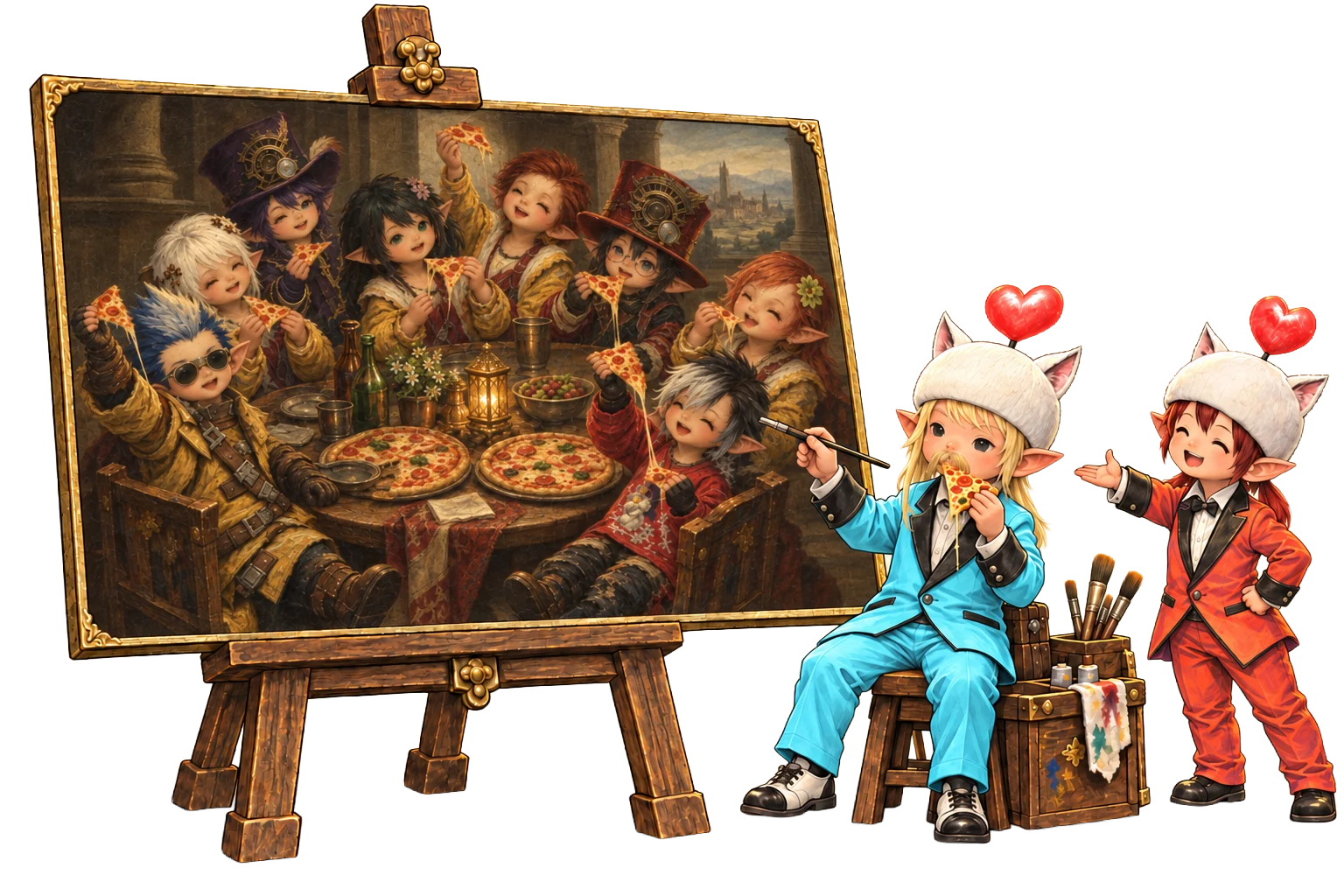 Achenarius paints the bands sharing pizza while Boo compliments his artistic taste.