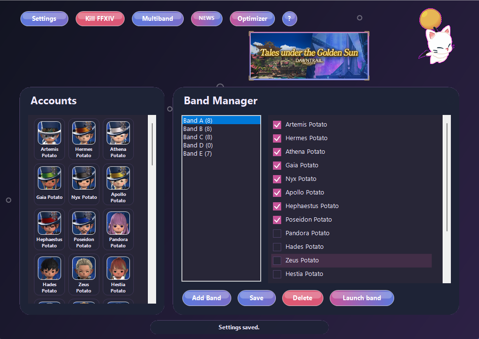 Potato Launcher v1.0.104 with the real character roster, news banner and Band Manager