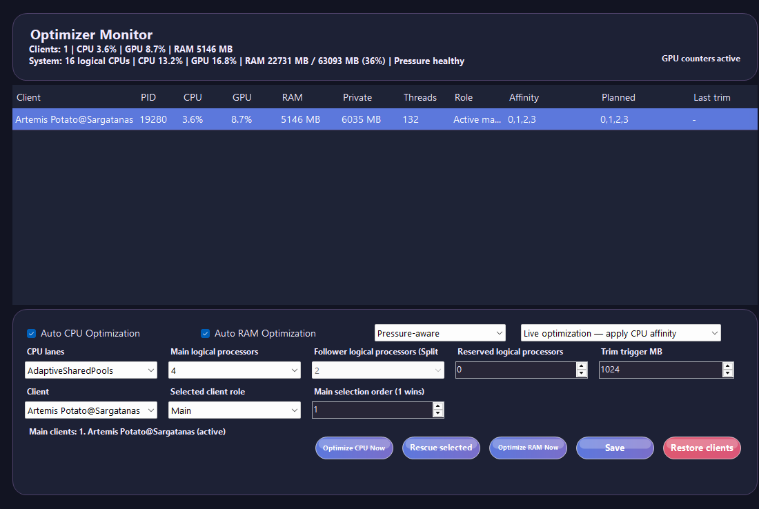 Potato Launcher v1.0.104 Optimizer Monitor, captured with one client running